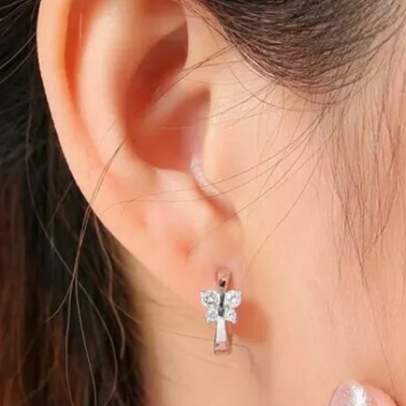Silver Diamond Butterfly Huggie Hoop Earrings - Picture 4 of 7